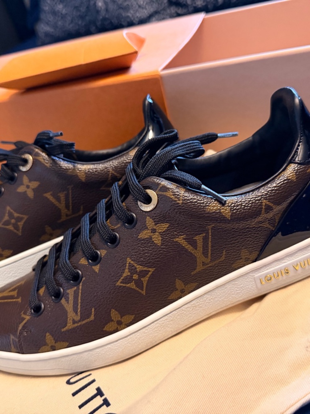 Louis Vuitton Brown Monogram Leather Low-Top Sneakers with Black Accents